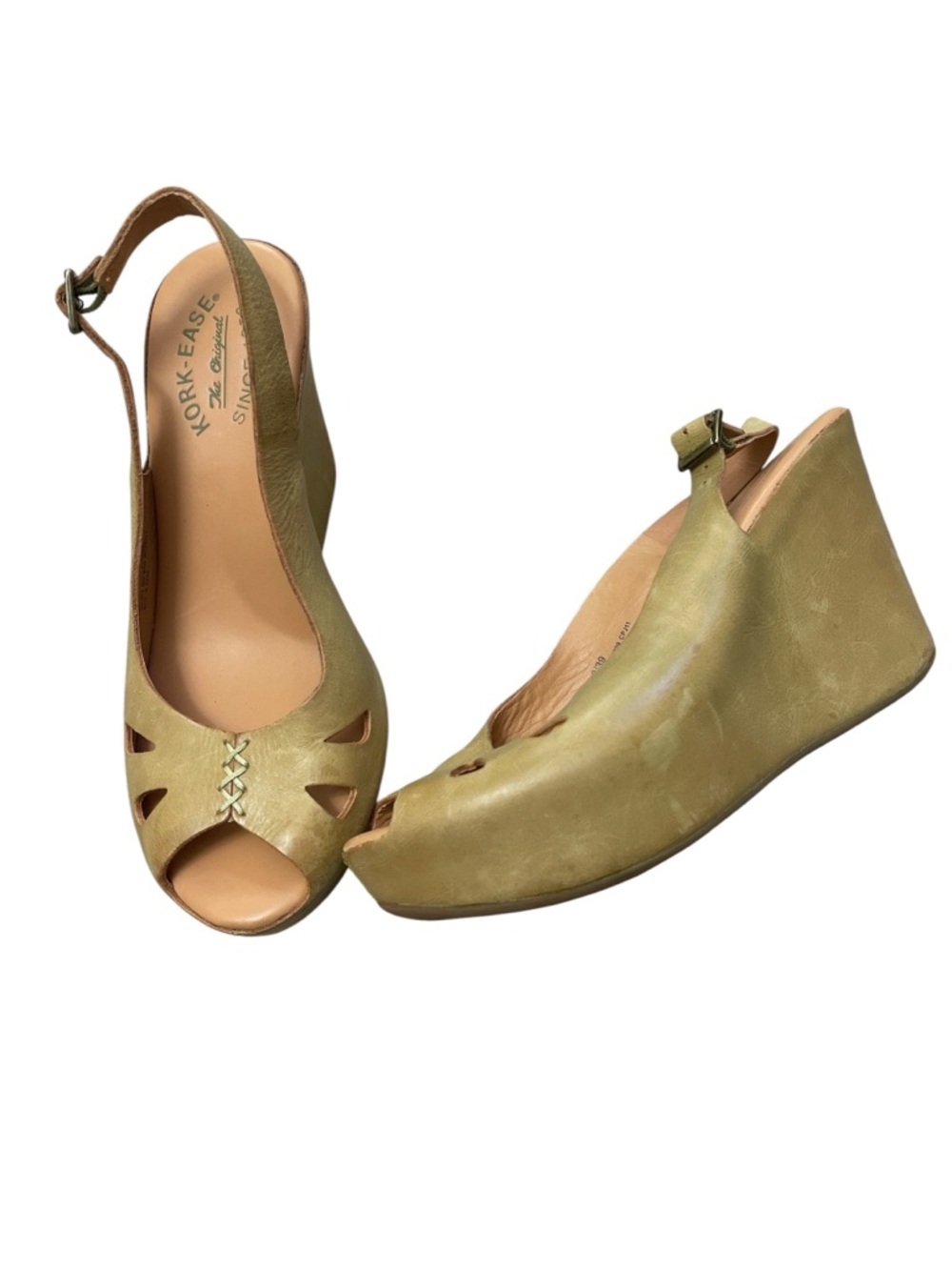 Retro 70s Kork-Ease Leather Peep-Toe Platform Wedge Slingbacks Festival Boho - Picture 1 of 6